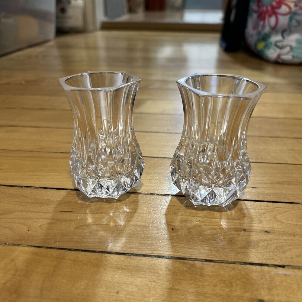 CRISTAL D'ARQUES-DURAND Longchamp Clear 3" Violets Vases Pair Glass